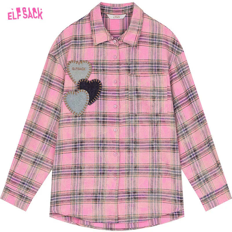 2024 Summer ELFSACK New Arrivals Pink checkered heart-shaped long sleeved shirt for women, loose and beautiful sweet top