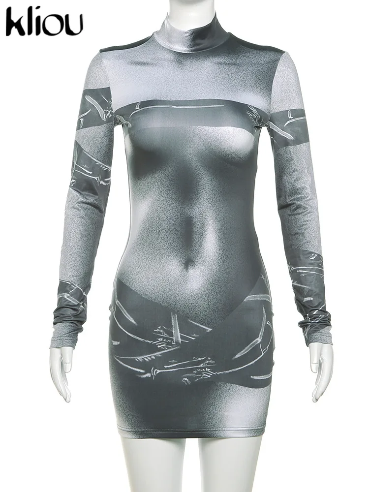 kliou 3D Body Print Mini Dress Women Vintage Unique Autumn Full Sleeve Stand Collar Slim Fit Robe Ladies Panelled Trend Vestido