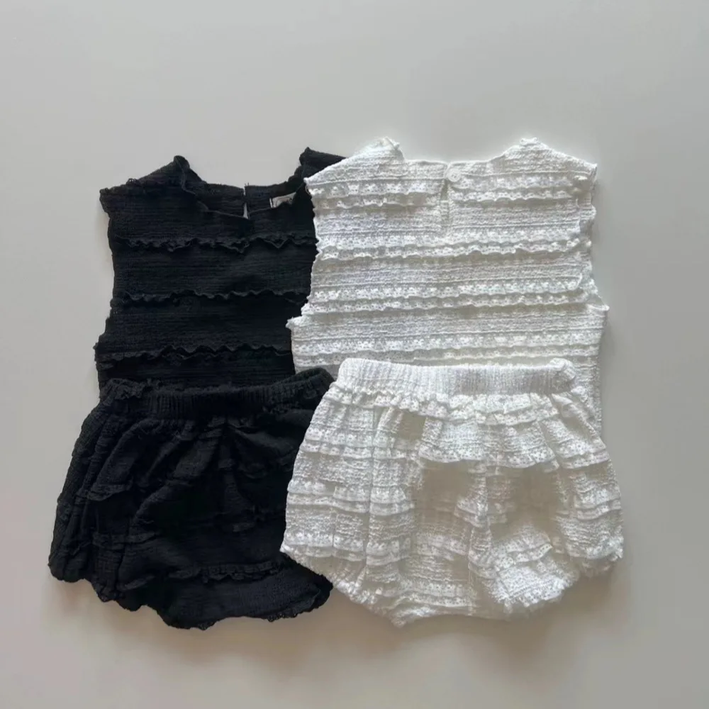Korean Version Solid Color Loose Summer Suit Boys and Girls Baby Straps Multi-layer Wavy Edge Sleeveless Shorts Suit