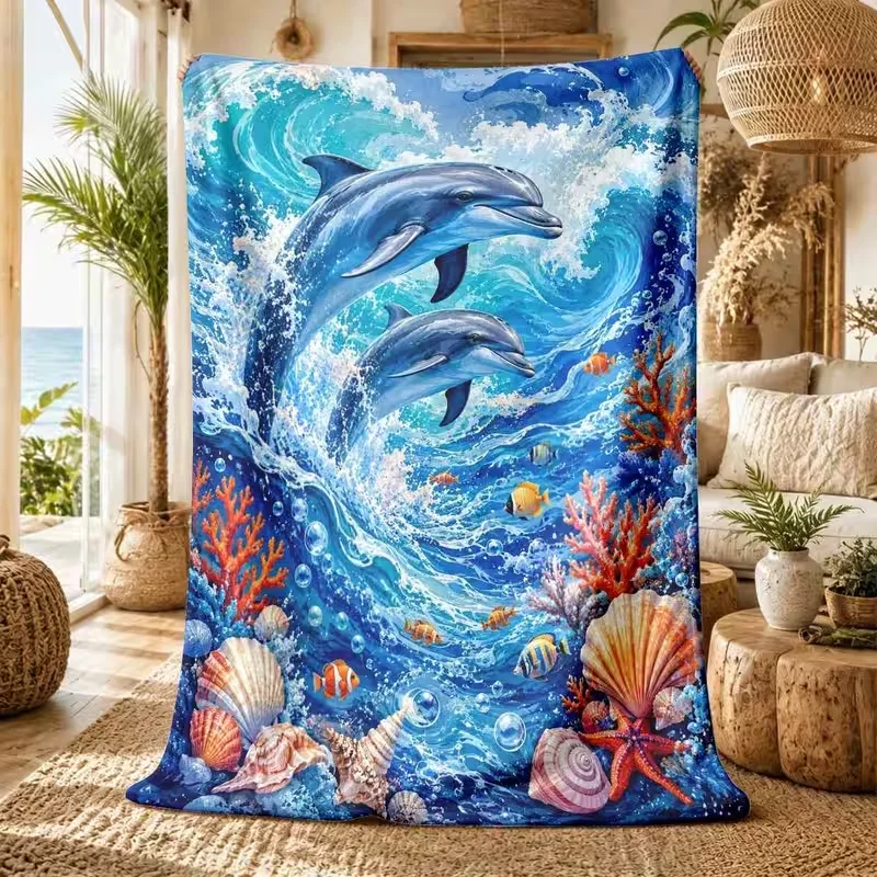 2D Dolphin Ocean Sea Print Throw Blanket Soft Warm Bedspread All‑Season Cozy Blanket for Sofa Bed Bedroom Travel Use