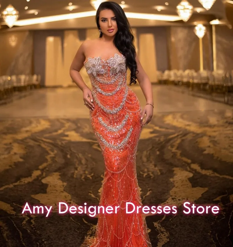 매력적인 오렌지 이브닝 드레스 크리스탈 인어 웨딩 파티 드레스 갈라 우아한 스팽글 댄스 파티 드레스 로브 드 소와레 맞춤 제작