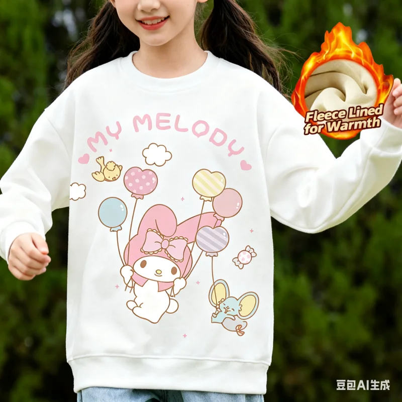 Топ с длинными рукавами и круглым вырезом с принтом серии Sanrio 2025, милая и теплая футболка с круглым вырезом и длинными рукавами на флисовой подкладке, 100% хлопок