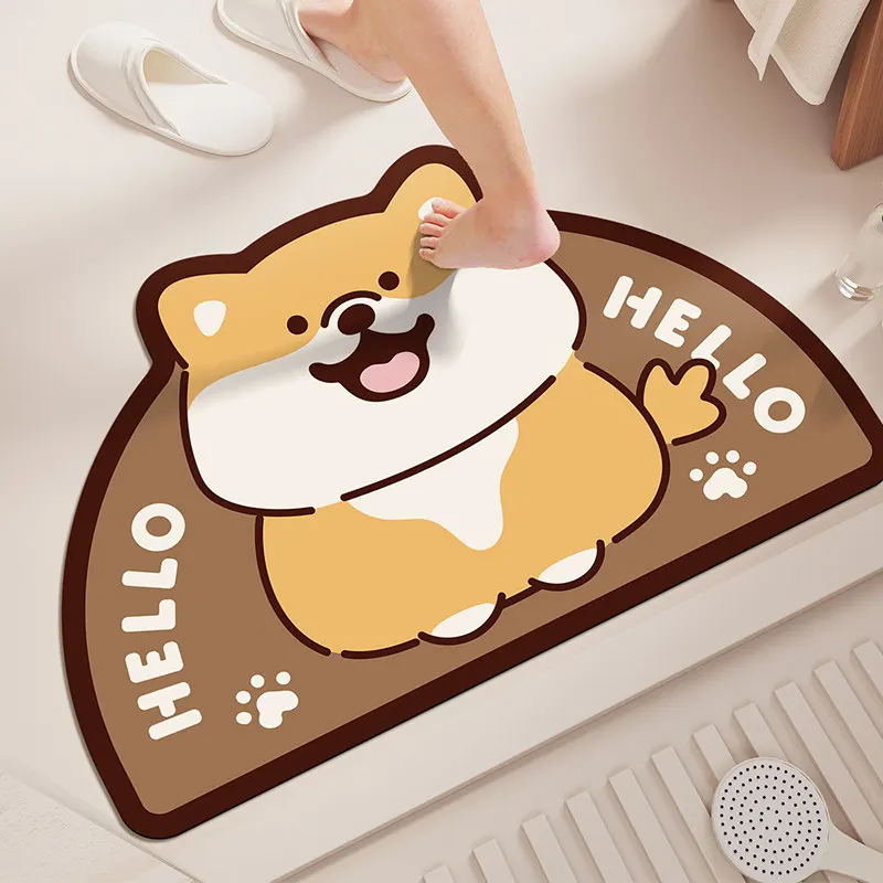 VIKAMA Hello Cute Corgi Semicircle Bath Mat Non Slip Washable Absorbent Floor Rug Lovely Cartoon Dog Bathroom Bedroom Decor Mat