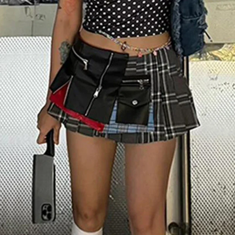 Retro High Street Punk Style Spicy Girl Design Checkered Irregular Short Skirt 2024 Summer  short pants women