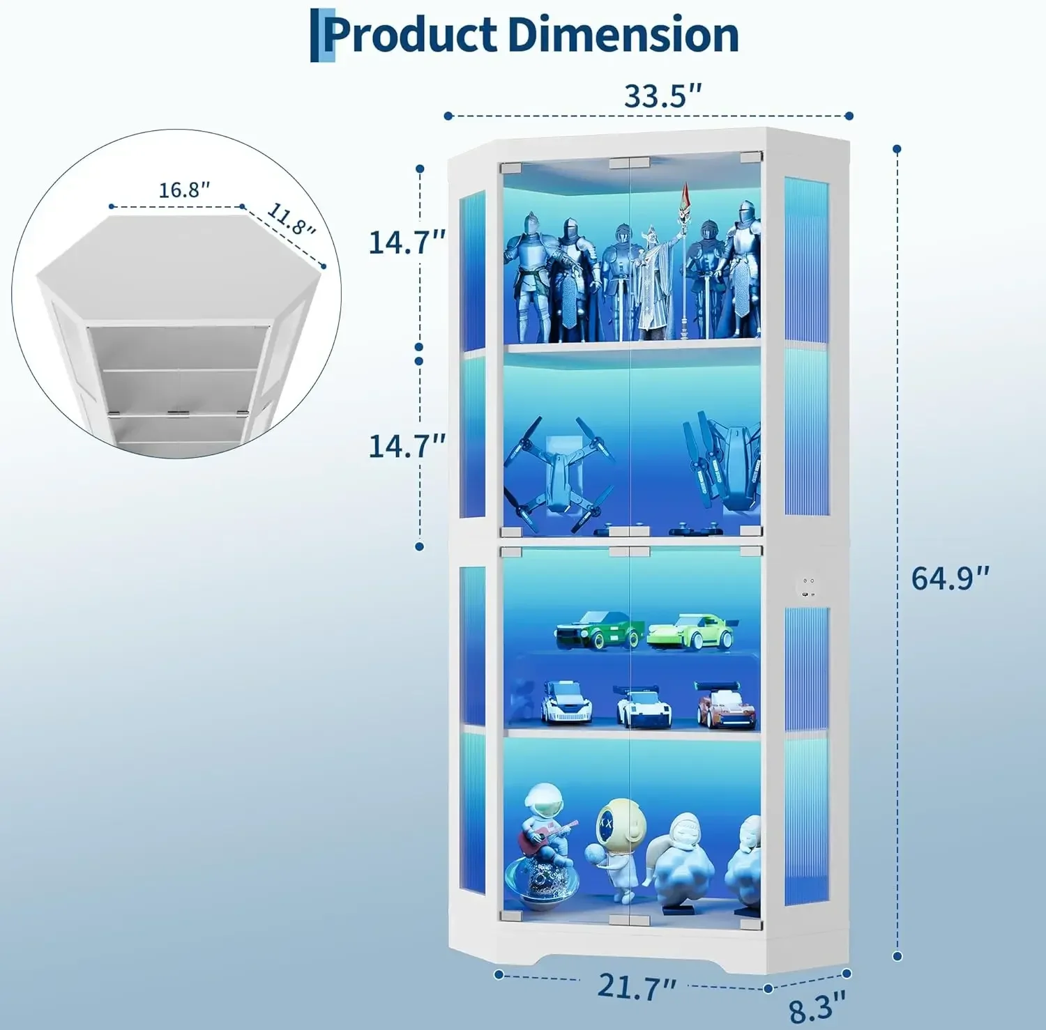 White 4 Tier Glass Curio Display Cabinet With LED Lights Motion Sensor Charging Ports For Collectibles