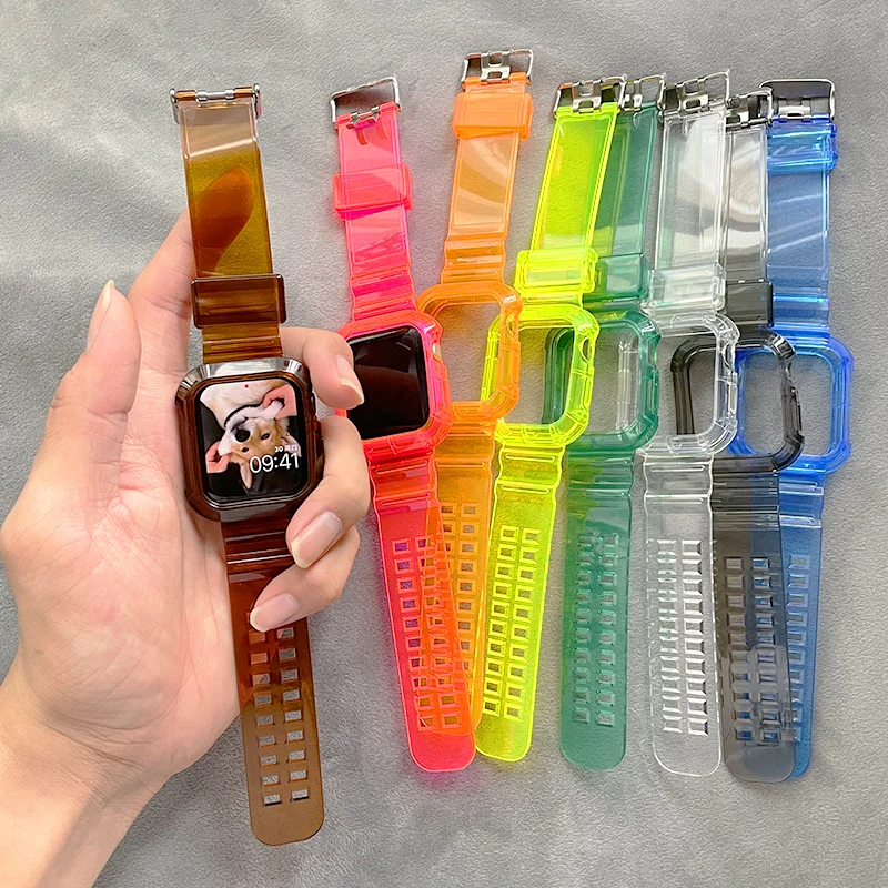 Transparentes Armband + Hülle für Apple Watch Series 11 10 9 8 7 6 SE 49mm 45 44 38 41mm für iWatch 11 10 46 42mm Durchsichtiges Kunststoffarmband