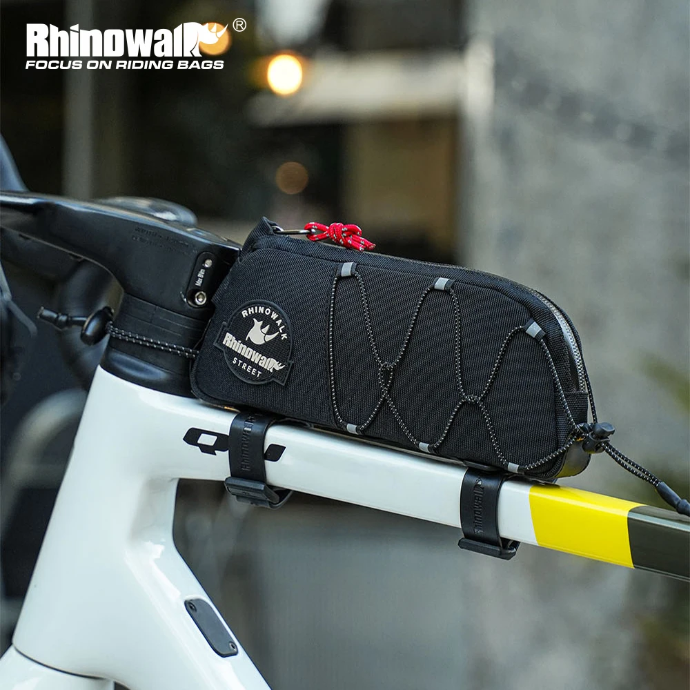 Rhinowalk Bike Top Tube Bag 0.65L Cycling Frame Storage Pack Bolt Or Strap Mount With Cable Port Elastic Cord For Urban Cycling
