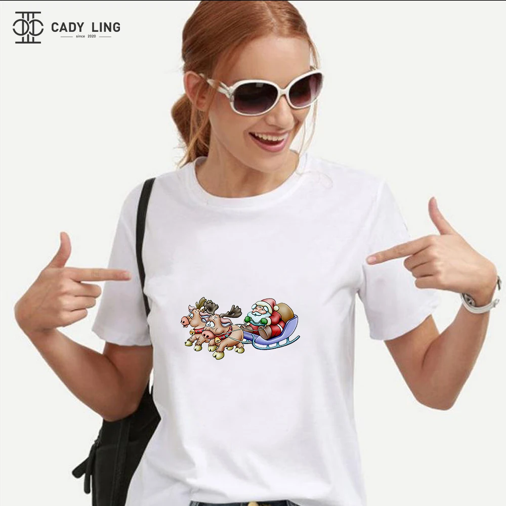 Female Cartoon Cute Graphic Tee Shirt Merry Christmas T Shirt New Women T-shirt Xmas T-shirt Short Sleeve Casual White T-shirts