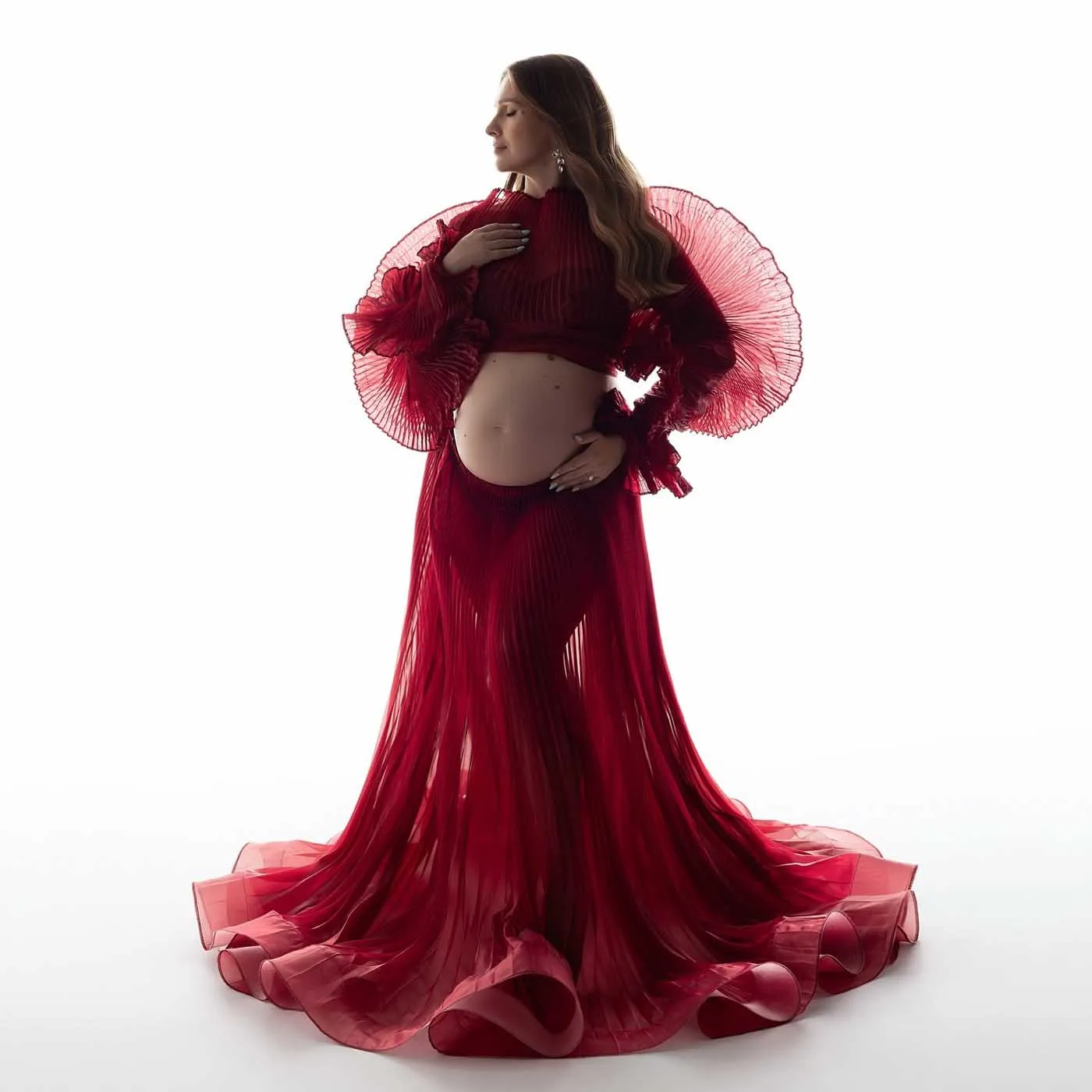 Burgundy จีบ 2 ชิ้นชุดถ่ายภาพ Sheer Organza ชุดคลุมท้องеการตั้งครรภ์ชุดเครื่องแต่งกาย