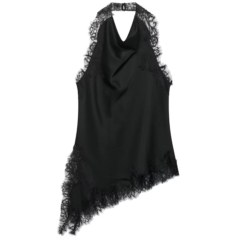 HXAO قطع علوية غير متناظرة من الدانتيل للنساء الدبابات وكاميس مشد سترات سوداء مثيرة بدون أكمام بدون ظهر قمصان للشاطئ