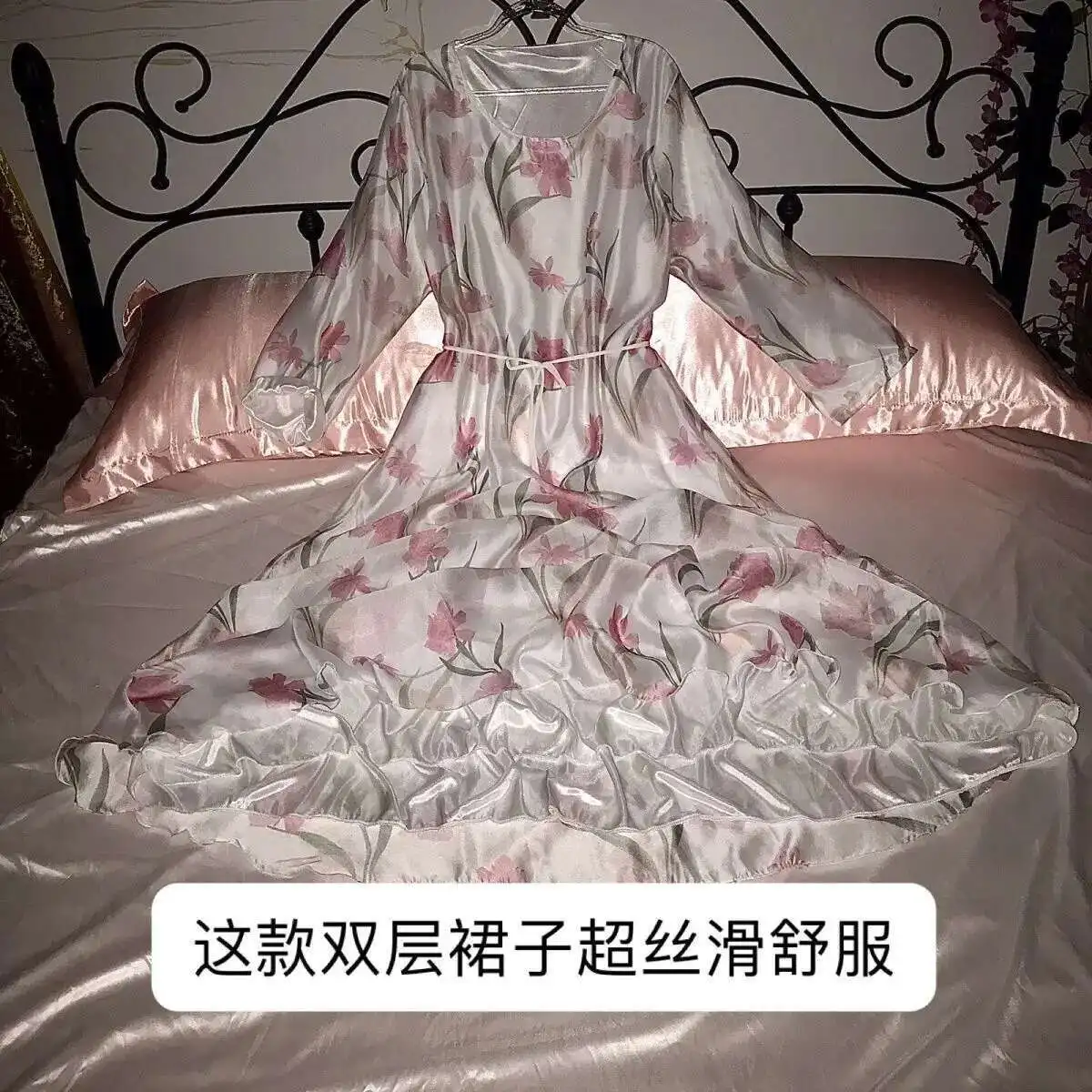 Glossy 2 Layers Floral Print Voile Outside Ice Silk inside Sexy Women Satin Long Dress Loose Maxi Dress Elegant Dresses