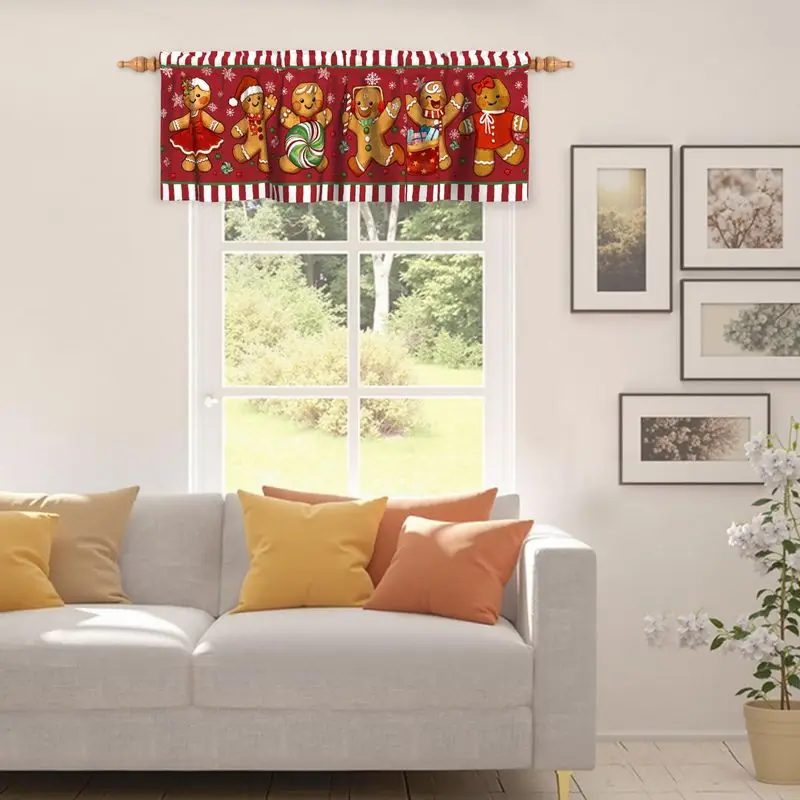 VIKAMA Christmas Short Curtains Valances Buffalo Plaid Snowman Xmas Tree for Kitchen Holiday Window Curtain Decor
