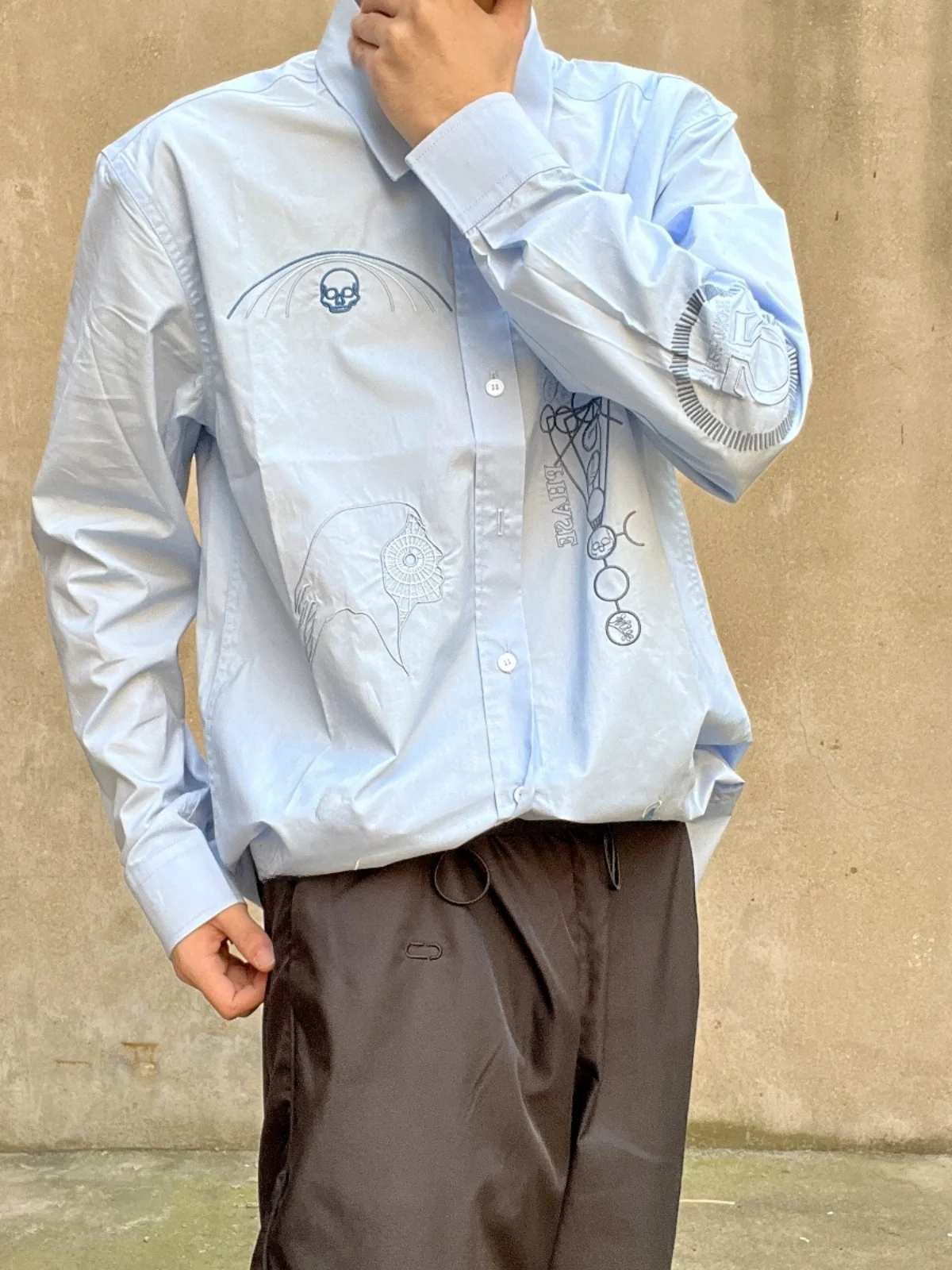

R Simons Embroidered Vintage Long Sve Casual irt for Youth Students Cotton Ox Fabric arp Collar Trendy Autumn Wear
