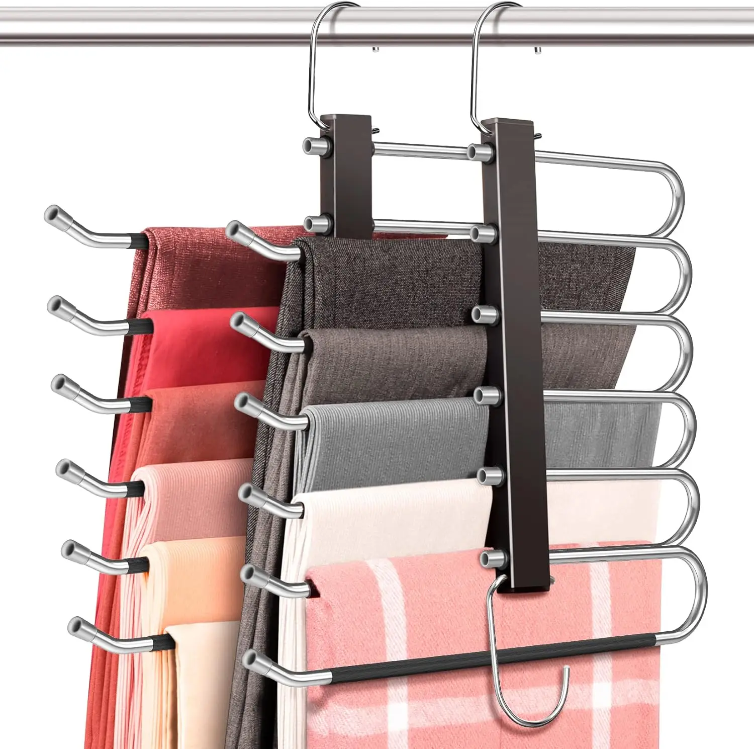 

6-Tier Space Saving Pant Hangers, Anti-Slip Stainless Steel, 2 Pack Black