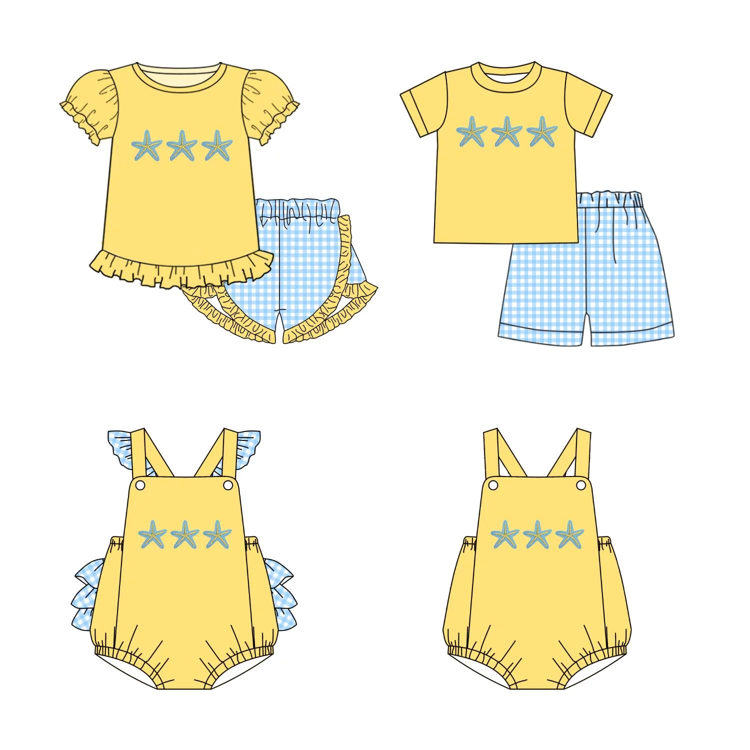 Toddler boutique suit summer new milk silk clothing yellow top blue plaid shorts suit starfish print suspender jumpsuit wholesal