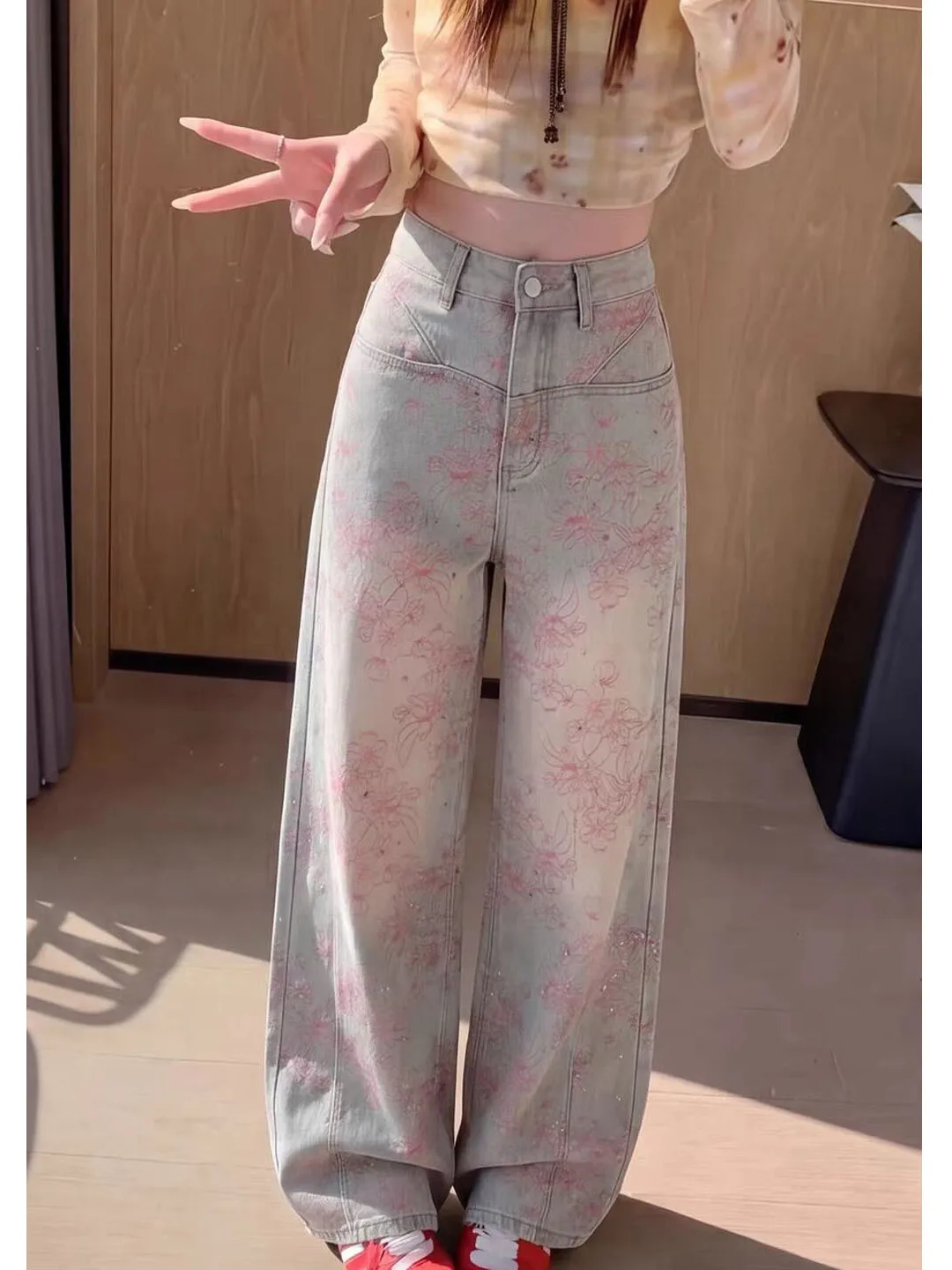 2026 New plus Size Wide Leg Pants Women Summer Loose Slimming Tummy Covering Casual Lazy Style Long Jeans Floral Print