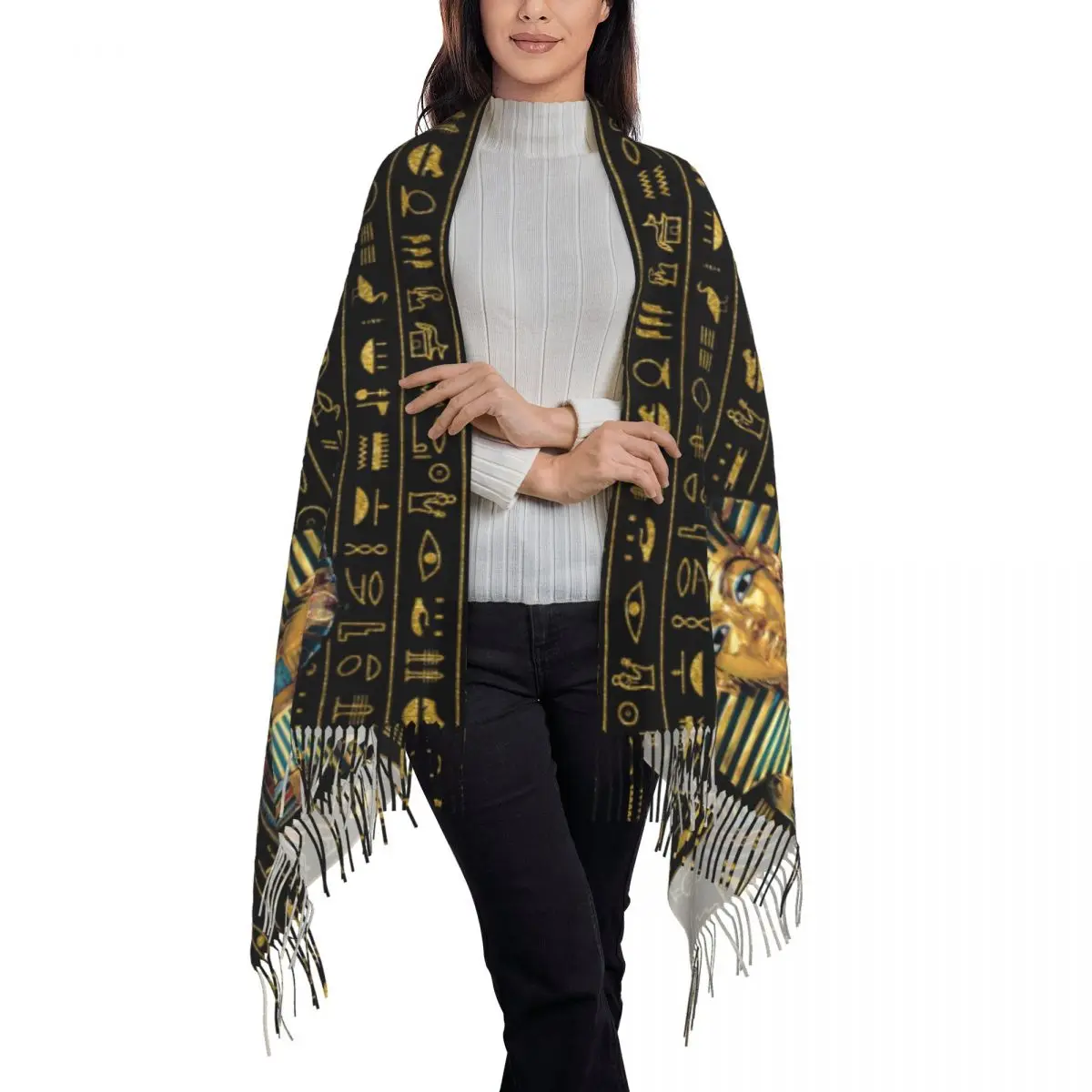 Ancient Gold Pharaoh Egypt King Tut Scarf para homens e mulheres, Custom Printed, Lenços quentes, Hierogengers egípcios, xale, Wrap, Inverno, Outono