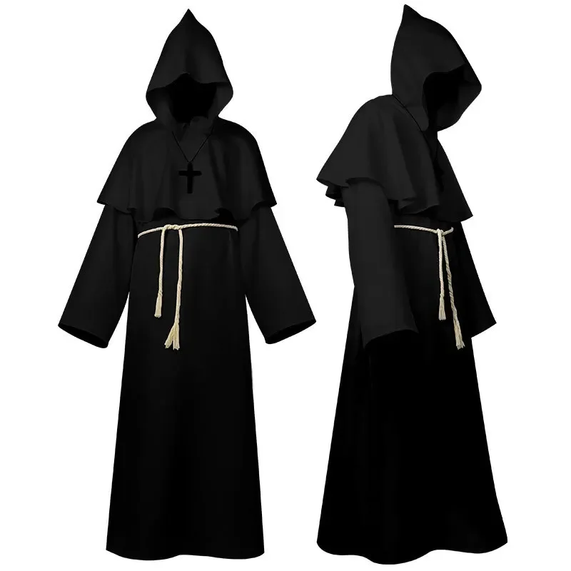 Wizard Cosplay Costume Medieval Scary Hooded Robe Monk Friar Robe Priest  Ancient Clothing Christian Suit Halloween Carnival