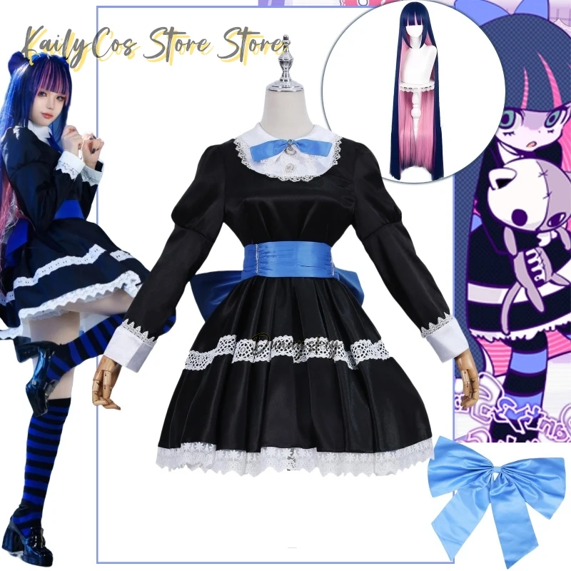 Anime Panty & Stocking With Garterbelt Younger Sister Anarchy Stocking Cosplay Costume Gothic Maid Lolita Dress Wig Long Socks