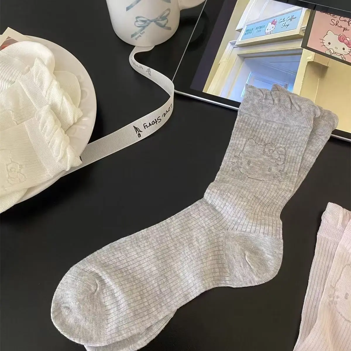 

Hello Kitty Ins Lace Student Versatile Thin Mesh Breathable Socks for Women Cute Kt Cat Solid Color Mid-calf Socks Clothes Gift