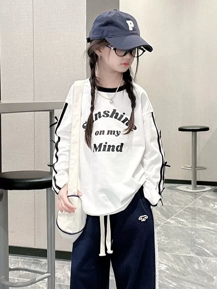 

Футболка с длинным рукавом для девочек-подростков, хлопковая базовая футболка, новинка весна-осень 2026, полосатый топ с бантом для детей 6, 7, 8, 10, 12, 14 лет