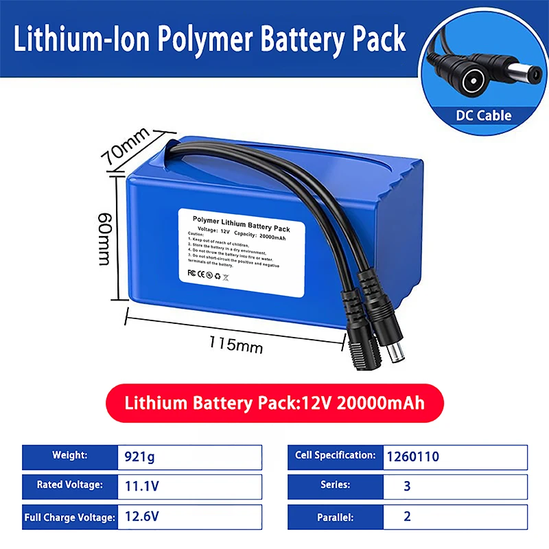 

12V 20000mAh Lithium Polymer Battery Pack with DC Cable, 11.1V Rated, 12.6V Full Charge, for LED Lights, CCTV, DIY Projects