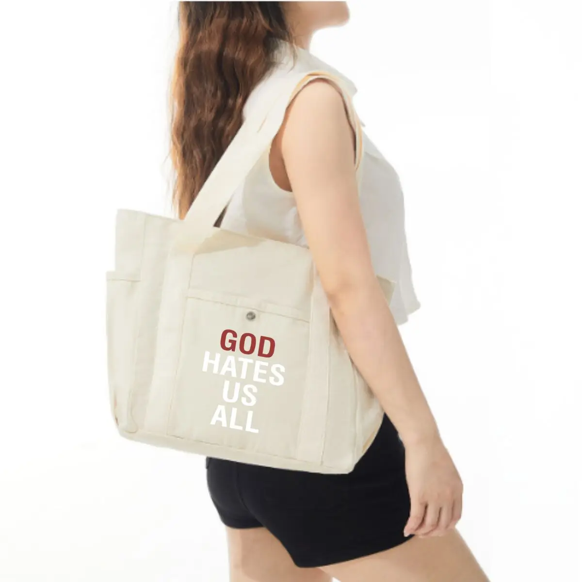 God Hates Us All Bold Text Women's Minimalist Shoulder Bag Multi-Pocket Daily Tote