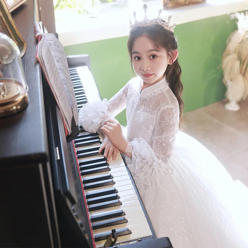 Hada de encaje blanco noche primavera pequeña flor niña boda banquete cumpleaños princesa vestido presentador Piano actuación D