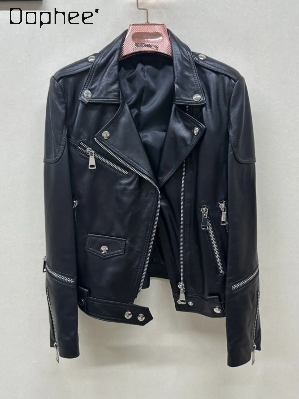 Motorcycle Sheepskin Leather Jacket Women Autumn and Winter Turn Down Collar Zipper Short Coats Slim Punk Tops Colthing