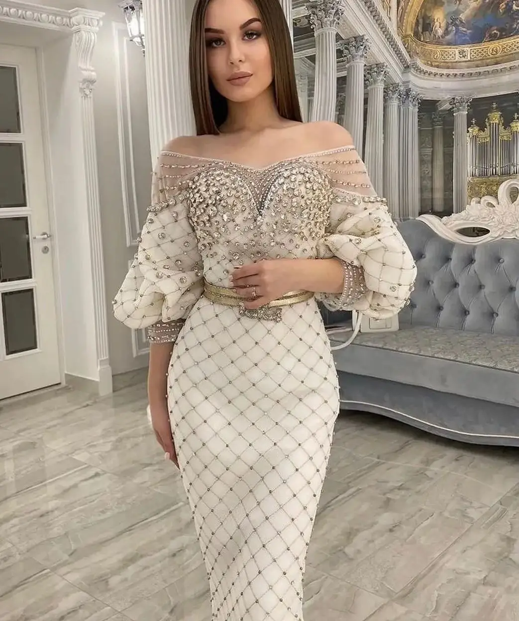 

Customized Luxury Dubai Arabic Off-Shoulder Prom Gown Gold Beads Stons Sheath Evening Dresses Fluffy Sleeves Wedding Party Gowns