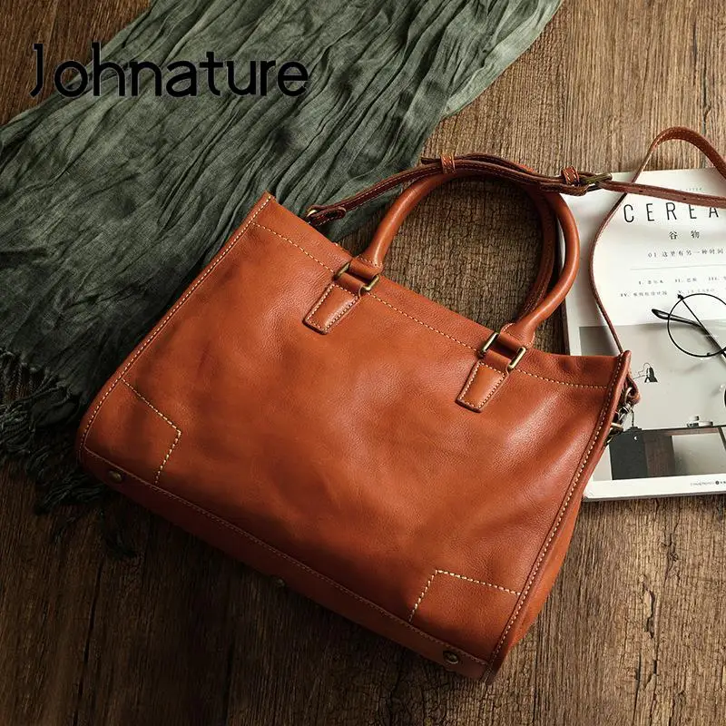 Johnature 2024 New Genuine Leather Large Handbag Women Bag Natural Soft Cowhide Casual Tote Solid Color Simple Shoulder Bags