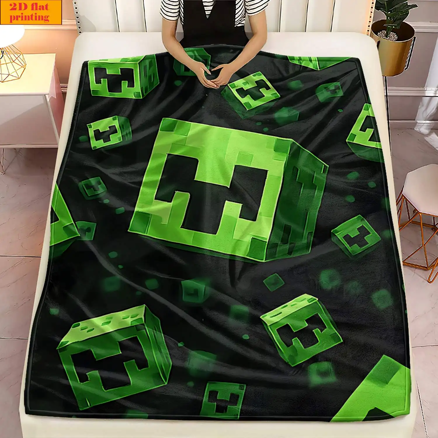 Floating 3D Green Creeper Block Splash Dot Black Back Game Fleece Blanket Cozy Light Throw For Bed Travel Dorm Boy Gaming Decor