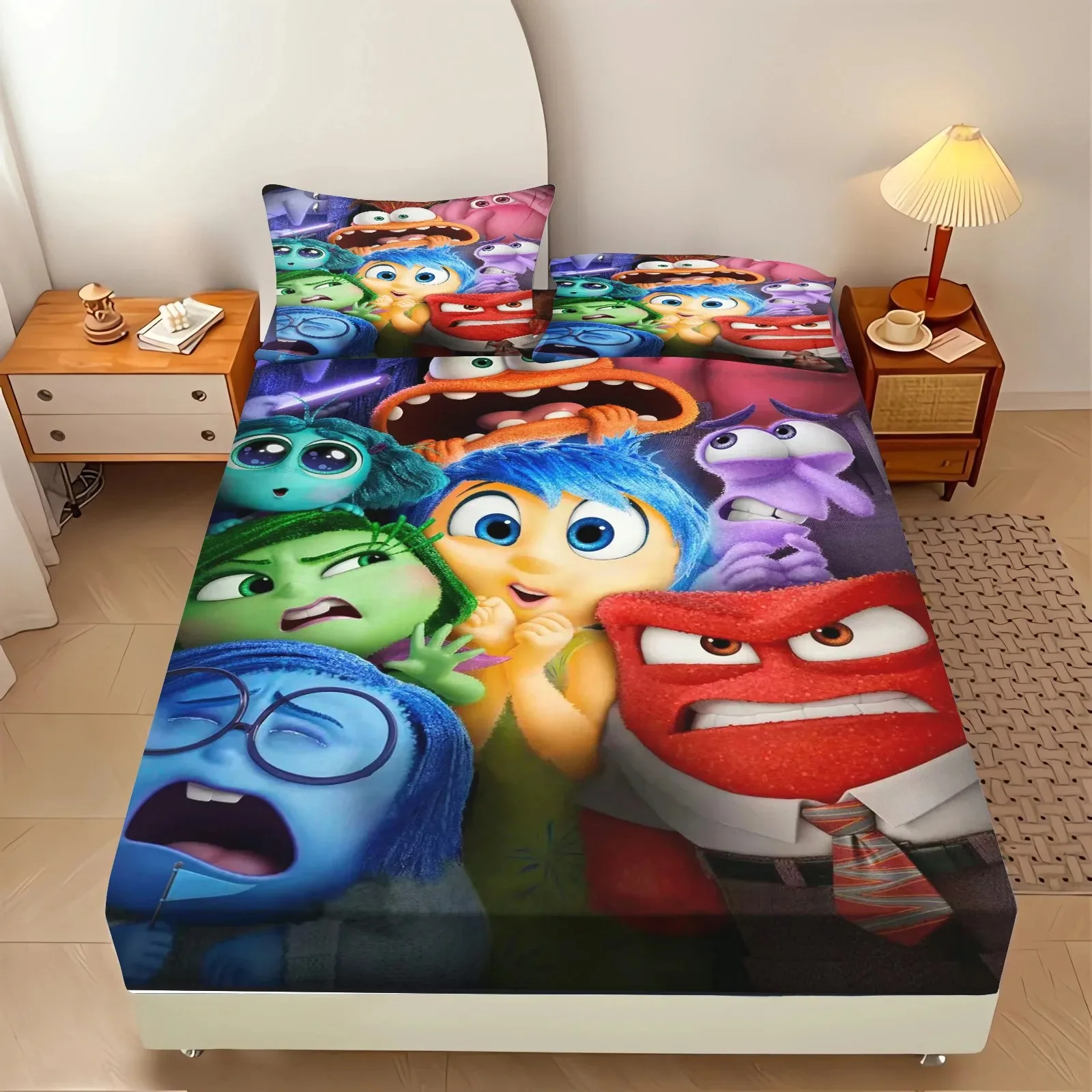 Cute Inside Out Patterned Fitted Sheets, Disney Cartoon Printed Sheets, Bedroom Decoration, Bedding Set (with 1/2 Pillowcase)