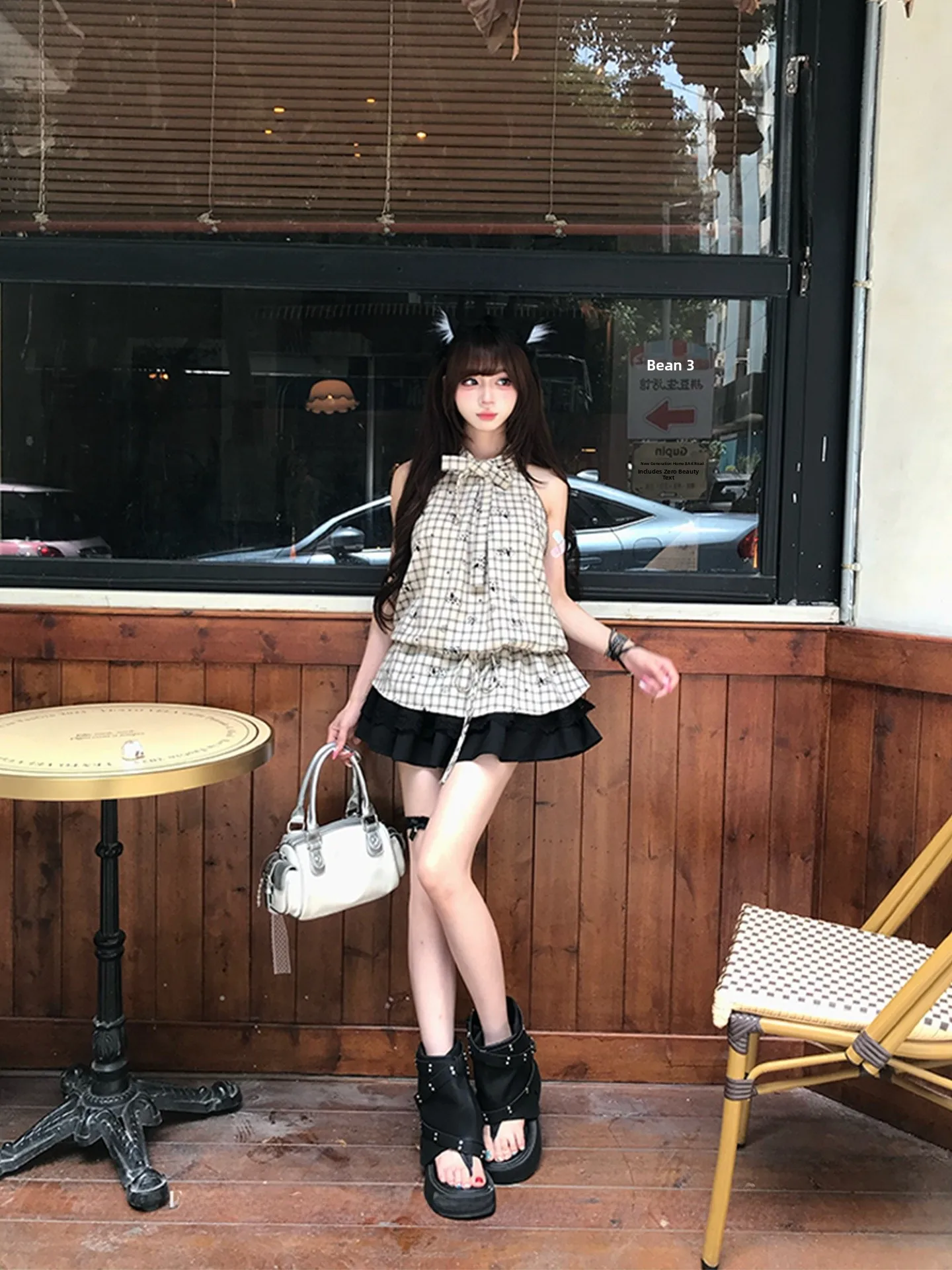 Summer New Style Women's Plaid Sleeveless Shirt And Black Cake Skirt Set Cool Retro Doggie Choco High Waist Elastic Fabric Pig