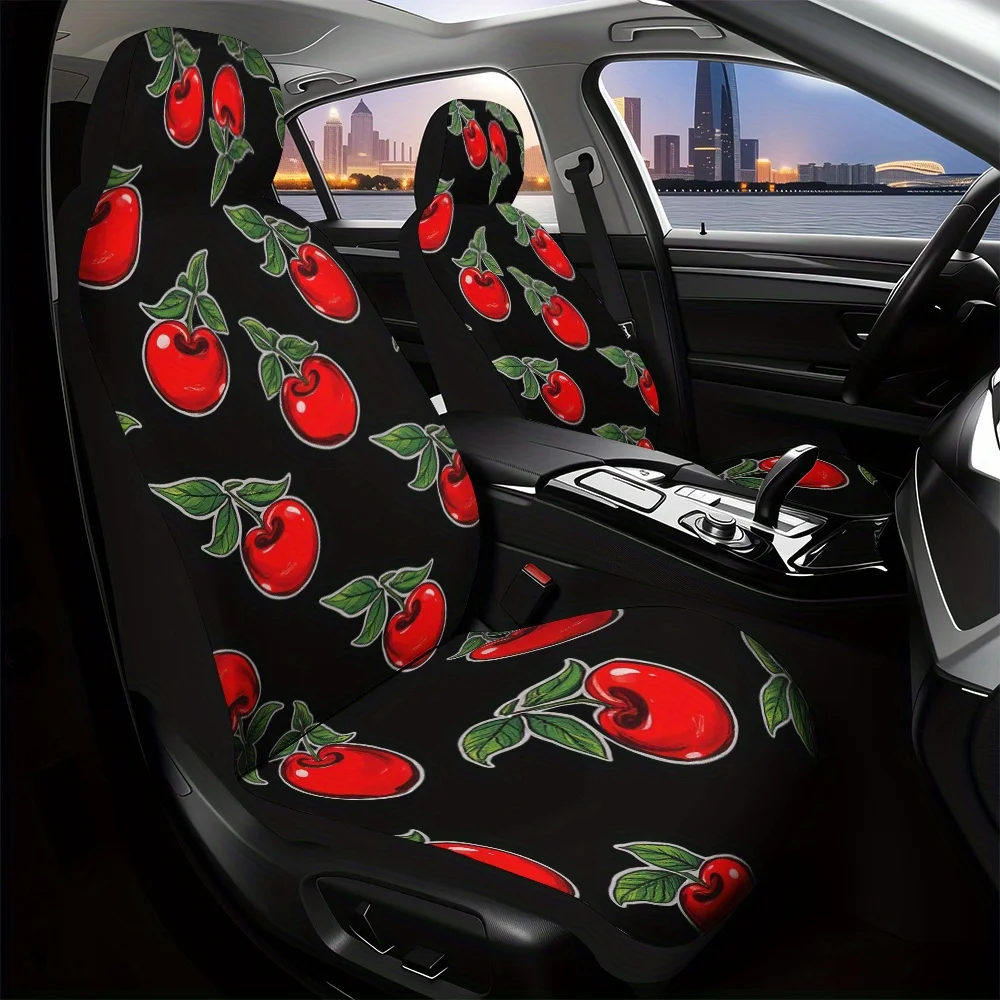 

2pcs Vintage Cherry Car Seat Covers - Black & Red Cherry Design, Soft Washable Fabric, Fit For SUVs, Sedans, Trucks - Elegant In