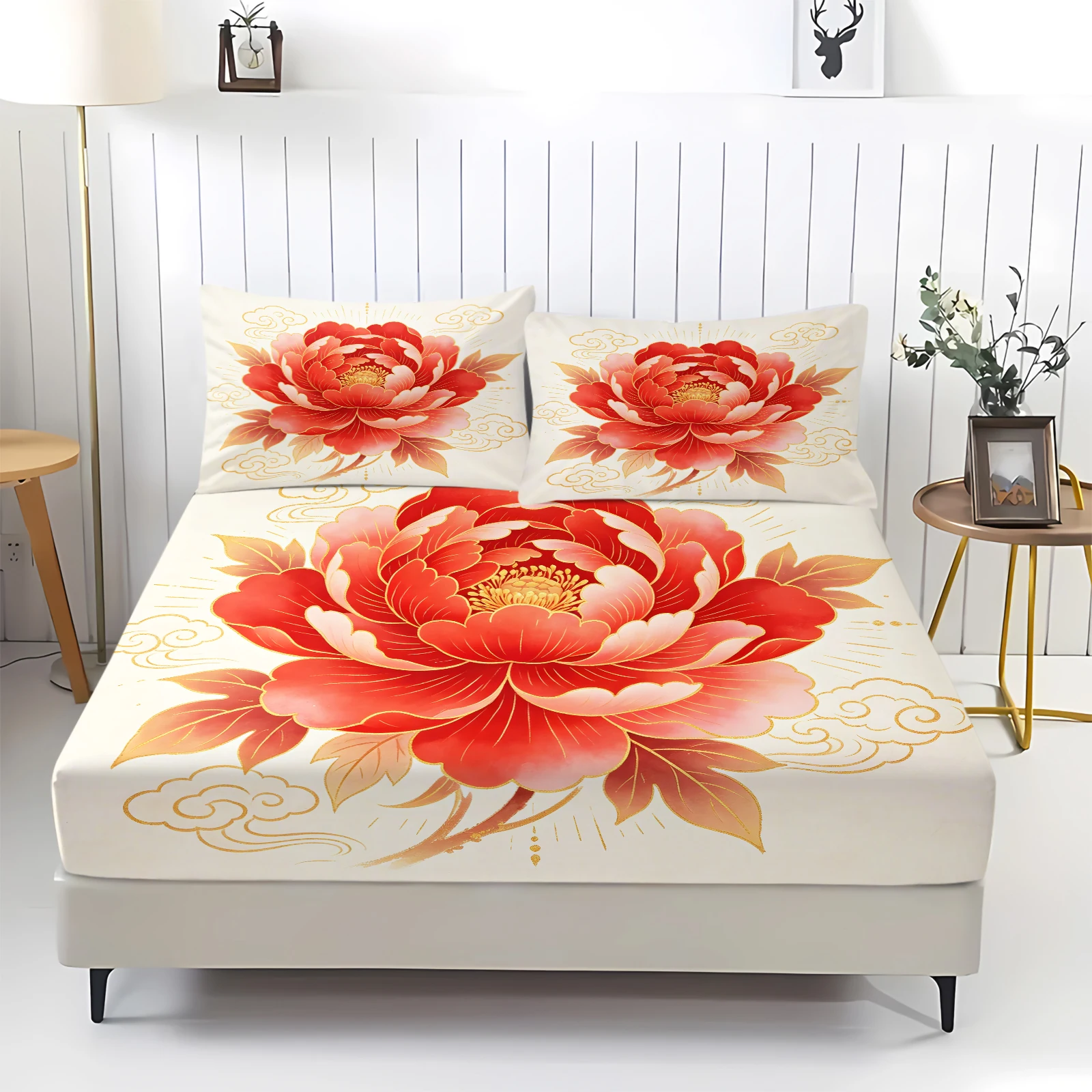 Chinese Style Red Peony Cloud Fitted Sheet Set Deep Pocket Elastic Fitted Sheet With Pillowcases Soft Breathable Bedding Set