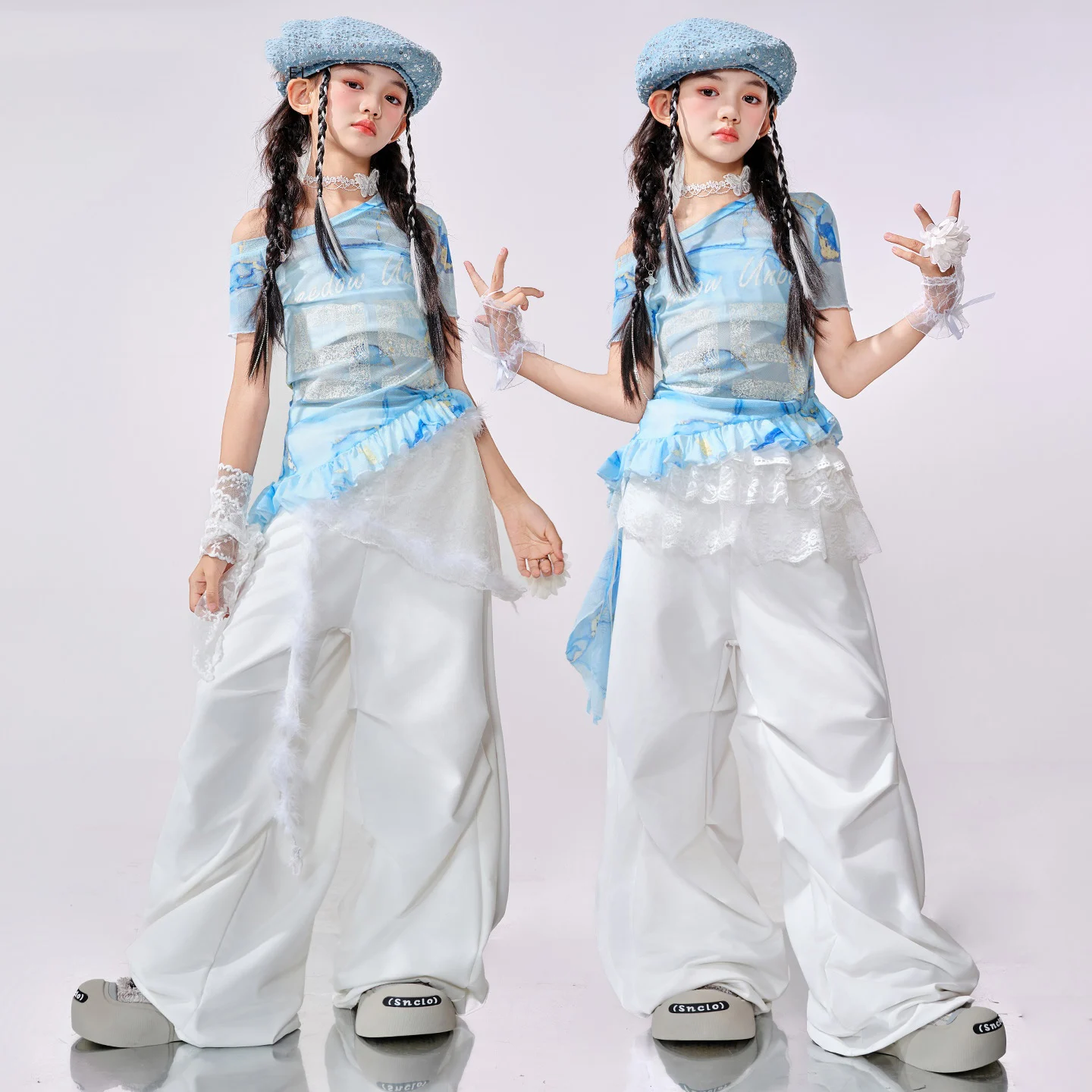 2025 meninas roupas hip hop jazz dança traje azul topos calças brancas kpop rua dança mostrar roupas concerto palco wear bl16310