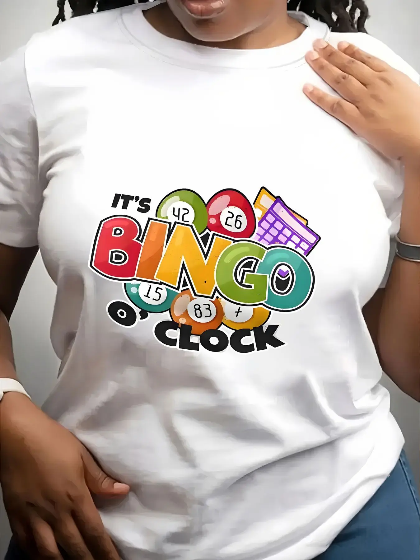 Women's Trendy Crew Neck T-Shirt Its Bingo O Clock Design Suitable for Casual Sportswear