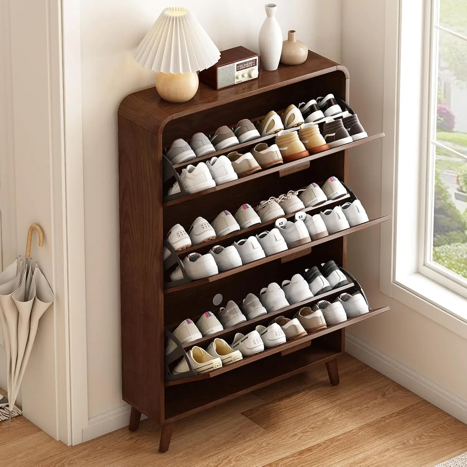 Slim Wood Shoe Cabinet Flip Drawers 3 Tier Adjustable Shelves Wall-Mounted Organizer Hallway Small Space, Customized