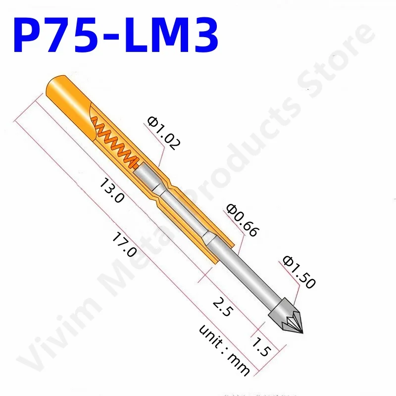 20/100PCS Spring Test Probe P75-LM3 Test Pin Copper Nickel Plated Spring Test Pin Head Dia 1.50mm P75-LM Pogo Pin 1.02mm 17mm