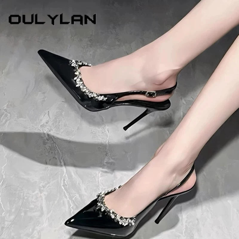 

Oulylan Banquet Party Ladies High Heels Trendy Solid Color Pointed Toe Sandals Elegant Rhinestone Decoration High Heeled Shoes
