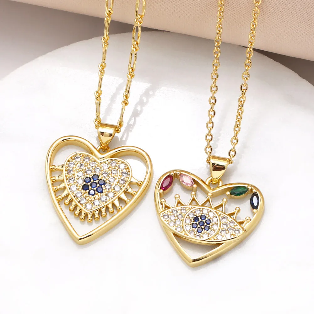 FLOLA Lucky Heart Shape Evil Eye Necklace for Women Gold Plated Greek Eye Necklaces Turkish Jewelry ojo nkeb700