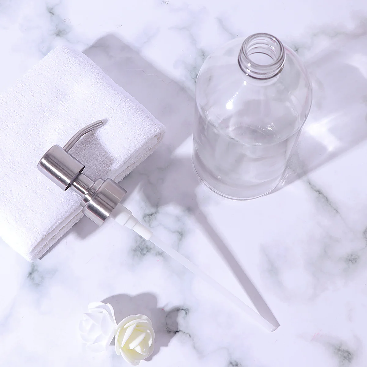 

Refillable Empty Glass Bottle Pump Dispenser Shampoo Shower Gel Liquid Soap 500ml Clear Thick Glass Bottle Stainless Steel Pump