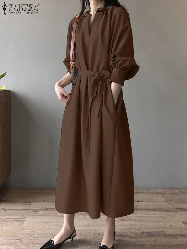 ZANZEA 2024 Women Office Suit Dress Vintage Belted V-neck Long Shirt Vestidos Spring Solid Long Sleeve Robes Pocket Midi Dresses