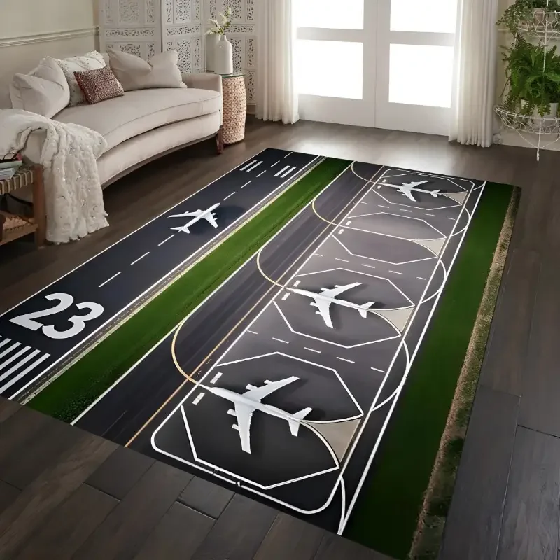 Kids Play Mats Cartoon Airport Landing Strips Top View Aircraft and Airplane Arrival Carpet Kids' Bedroom Playroom Nursery Decor