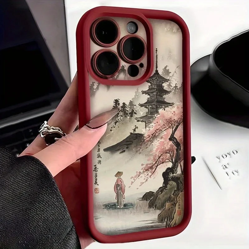 حافظة هاتف ناعمة على الطراز الياباني معبد وأزهار الكرز لهاتف آيفون 17 16 11 12 13 14 15 Pro Max XS X XR 7 8 Plus 16E #1