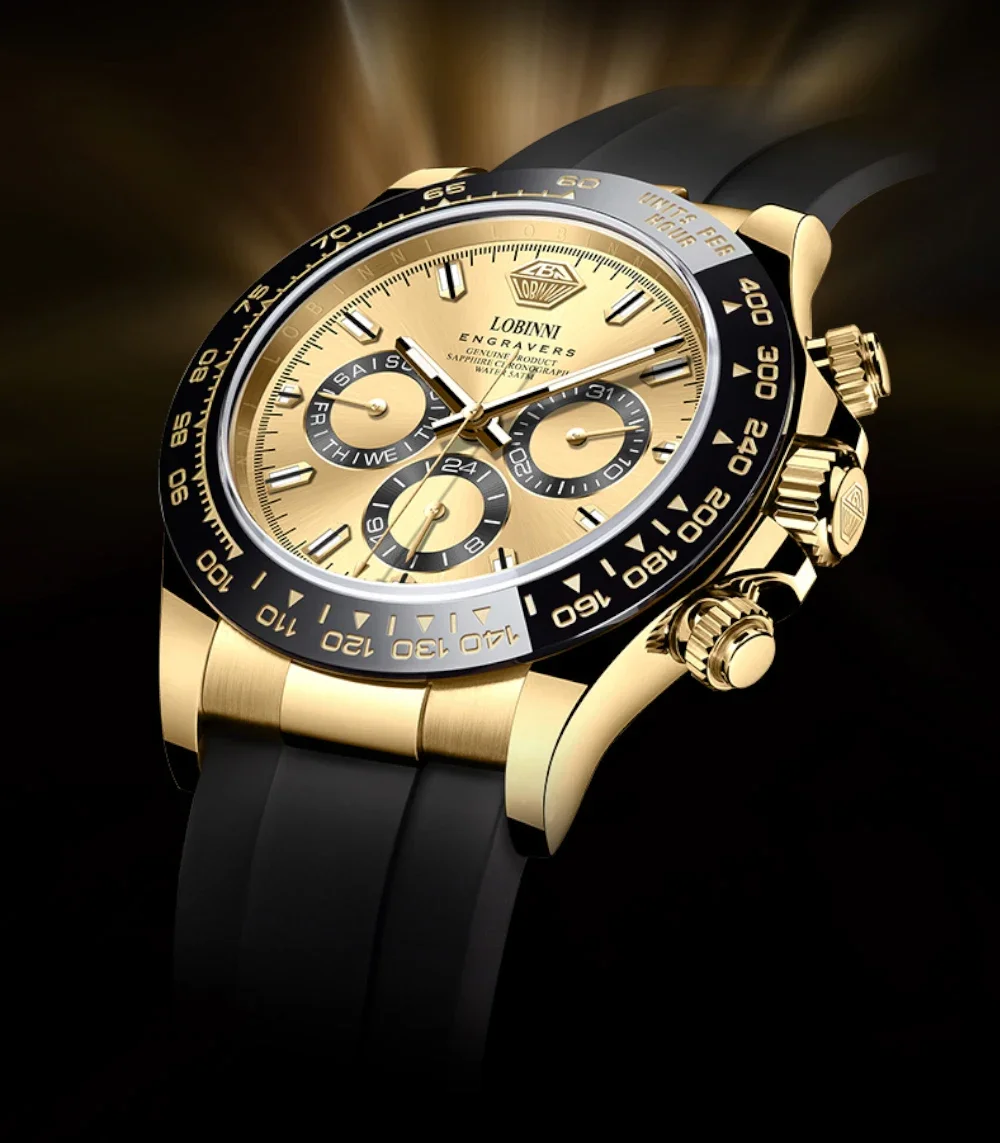 LOBINNI ساعة أوتوماتيكية للرجال 40 ملم ساعة يد ميكانيكية ذهبية 50 متر مقاومة للماء ياقوت تاريخ الأسبوع 24 ساعة JHB16