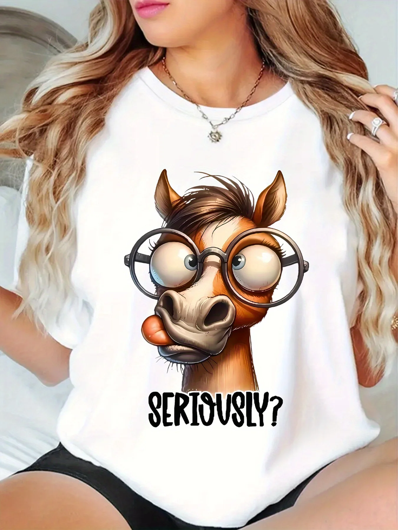 

[Забавная футболка с рисунком] Удобная женская футболка с рисунком игривой лошади | Забавный дизайн, футболка с круглым вырезом на все сезоны