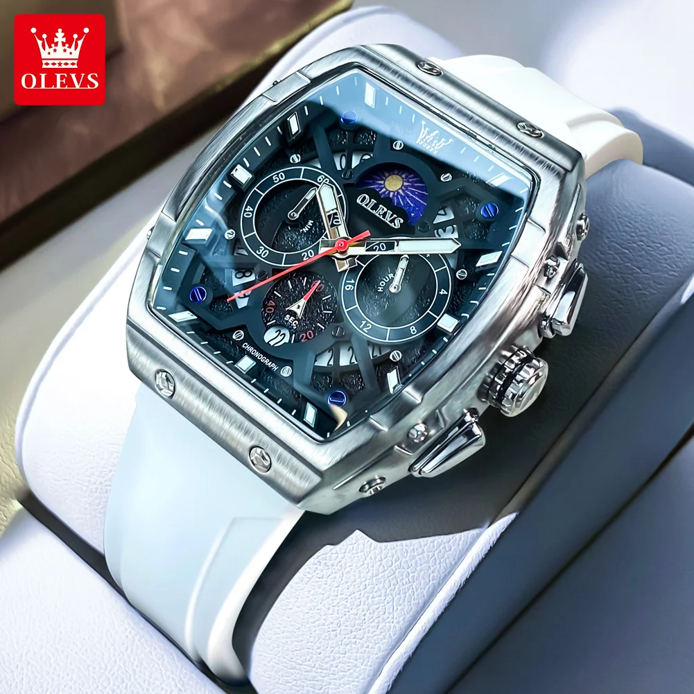 

OLEVS мужские часы трендовые повседневные силиконовые ремешки Tonneau циферблат оригинальный бренд кварцевые наручные часы с фазой Луны водостойкий хронограф