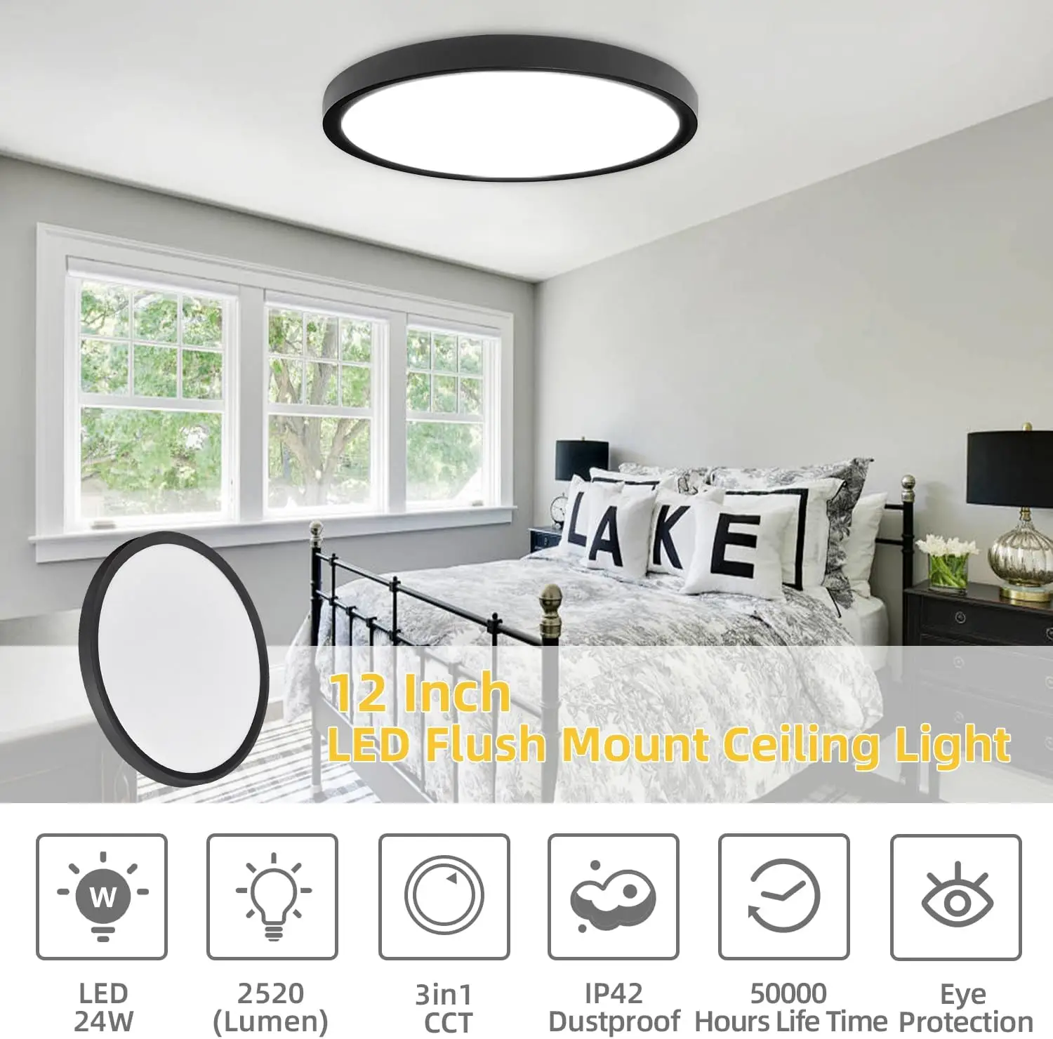 Luz de teto LED Flush Mount, perfil baixo ultra fino, 3 cores, 24W, 2520 Lm, 3000K, 4000K, 6000K, 4 pacotes, 12 Polegada